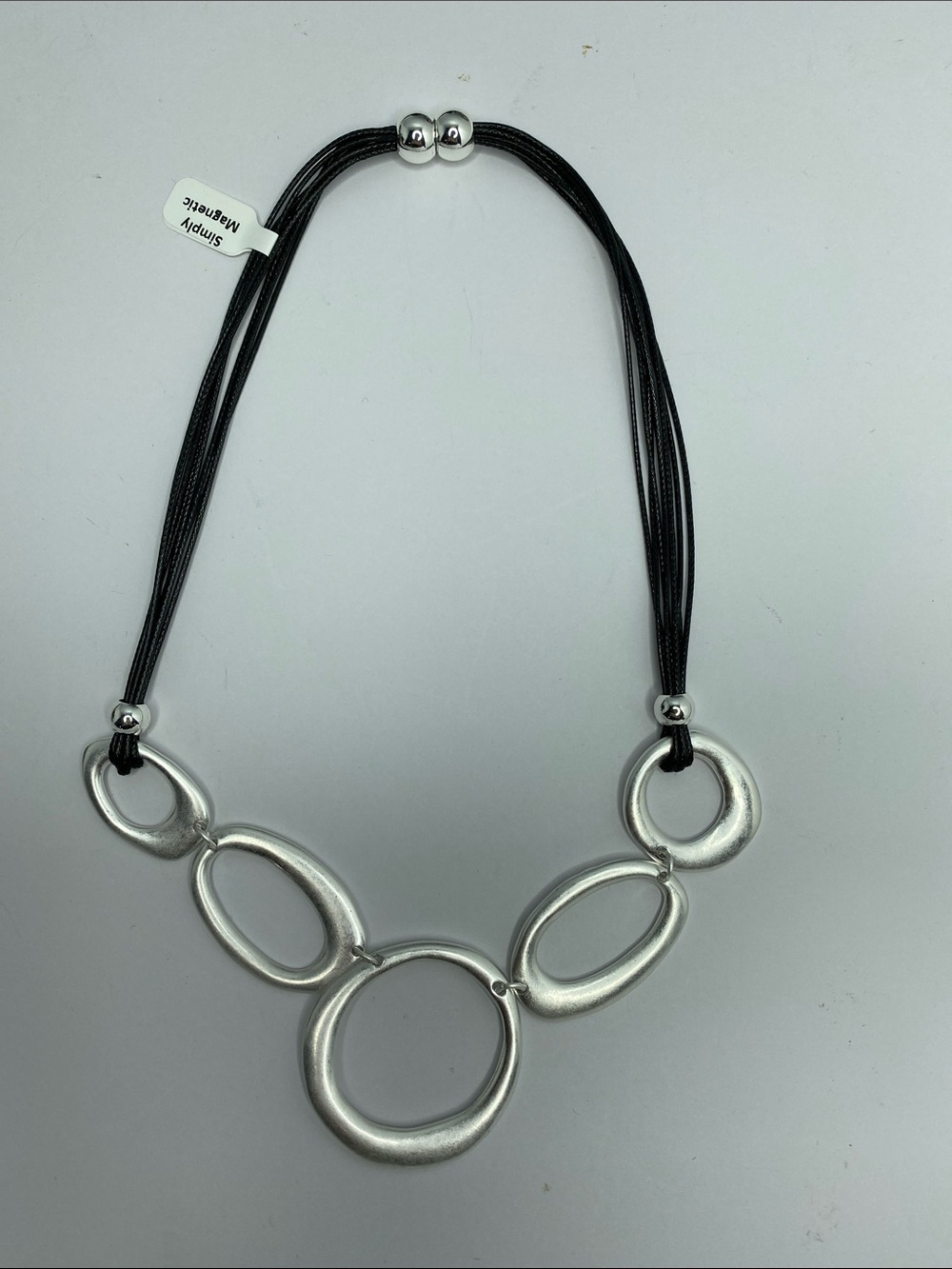Simply Magnetic Silver-Tone Linked Circle Necklace with Black Cord